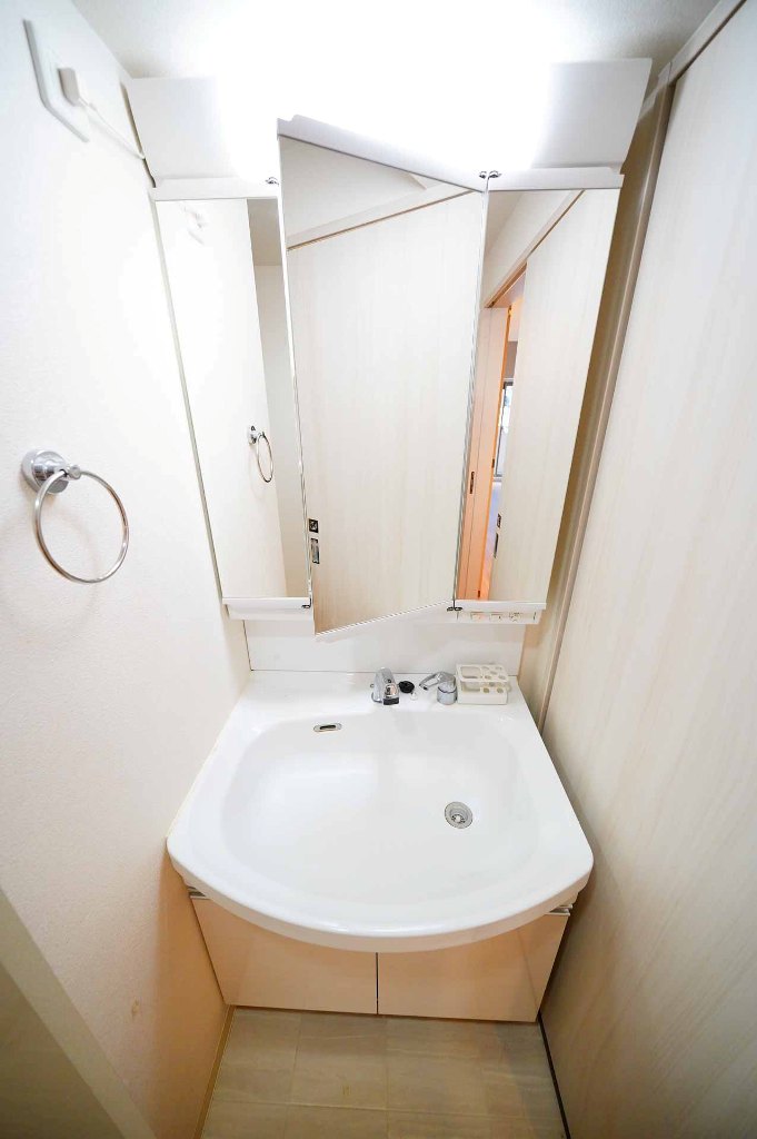 大阪府吹田市江の木町10-3,ディームス江坂205号室,1LDK37.2㎡南向きの三面鏡とシャンプードレッサーが備わった
独立洗面化粧台